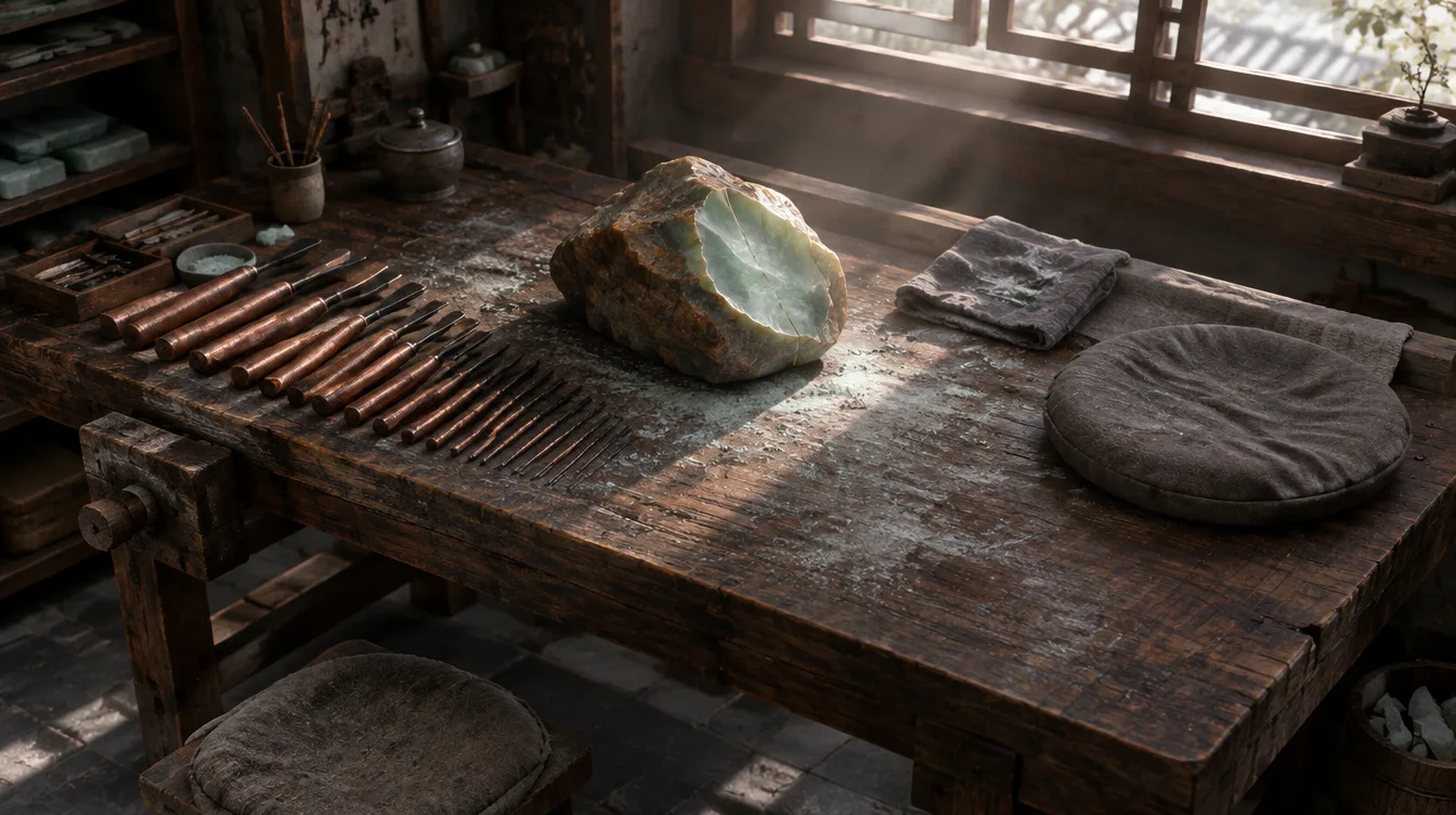 Bangku walnut milik guru yang wafat: pahat tembaga berjajar, bantal duduk kosong, dan bongkah giok kasar dengan satu retak di cahaya jendela.